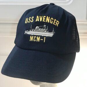 Vintage USS Avenger MCM-1 Navy Ship Snapback Hat Cap Mens Blue Large Made inUSA